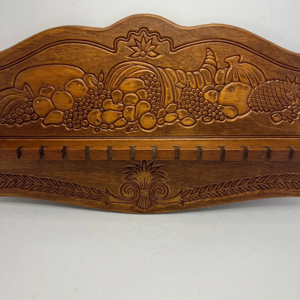 Carved Wood Vintage Spoon Rack Wall Hanging Cornucopia Harvest 16 Slot Display - Picture 6 of 7